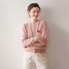 粉色温柔100%纯山羊绒开衫女宽松提花2025秋冬新圆领针织毛衣外套，女装针织衫/毛衣，镁纯羊绒