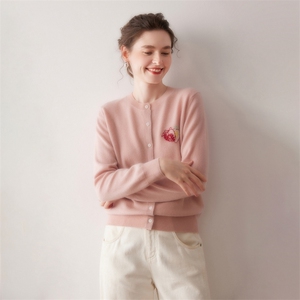 粉色温柔100%纯山羊绒开衫女宽松提花2025秋冬新圆领针织毛衣外套图片
