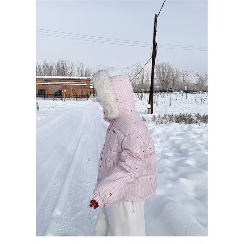条纹蝴蝶结面包服棉衣女冬新毛领连帽棉服外套加厚保暖TT1115P92,男装棉衣,星座1013-5