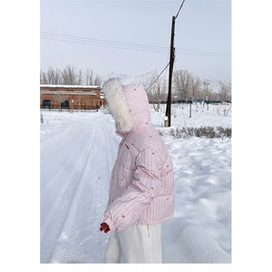 条纹蝴蝶结面包服棉衣女冬新毛领连帽棉服外套加厚保暖TT1115 P92图片