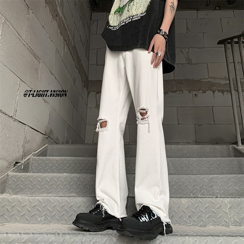 B221美式ins高街简约小众设计毛边破洞牛仔裤LK23067-P60控78,男装牛仔裤,电商B221