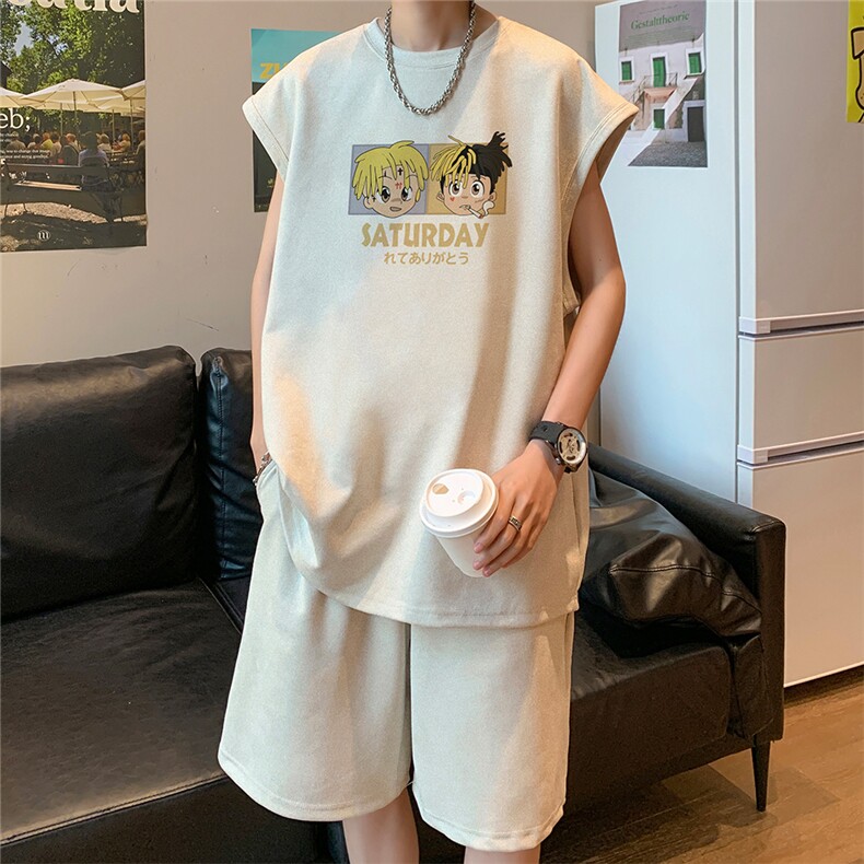 直播美式麂皮绒宽松背心无袖t恤短裤大码两件套套装TZ102-P58,男装T恤,电商A486