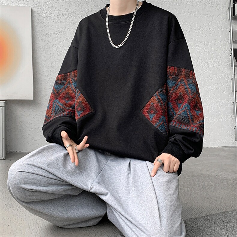 8XL-M春秋季圆领拼接撞色民族风卫衣男新款潮牌上衣服WY005P58,男装卫衣,电商B312