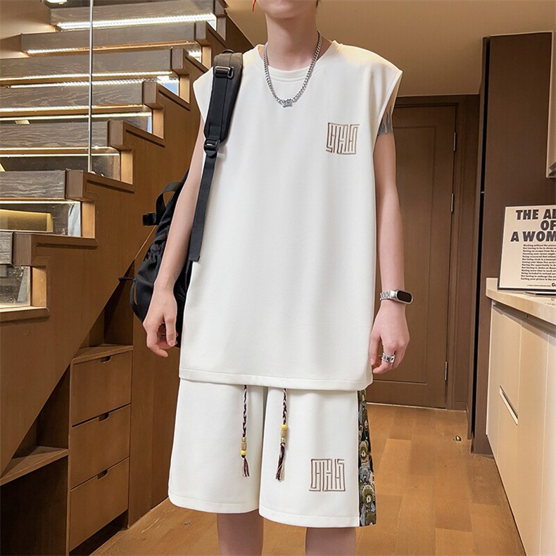 男士无袖T恤休闲运动套装男夏季五分短裤两件套潮A266-TZ1107-P43,男装T恤,电商A266