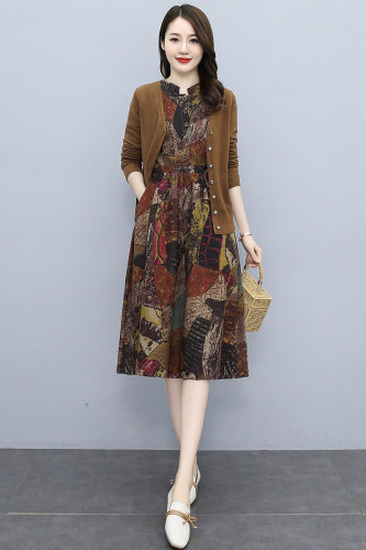 2021年秋季新款棉麻连衣裙两件套装毛衣加棉麻连衣裙子,女装连衣裙,欣贝拉