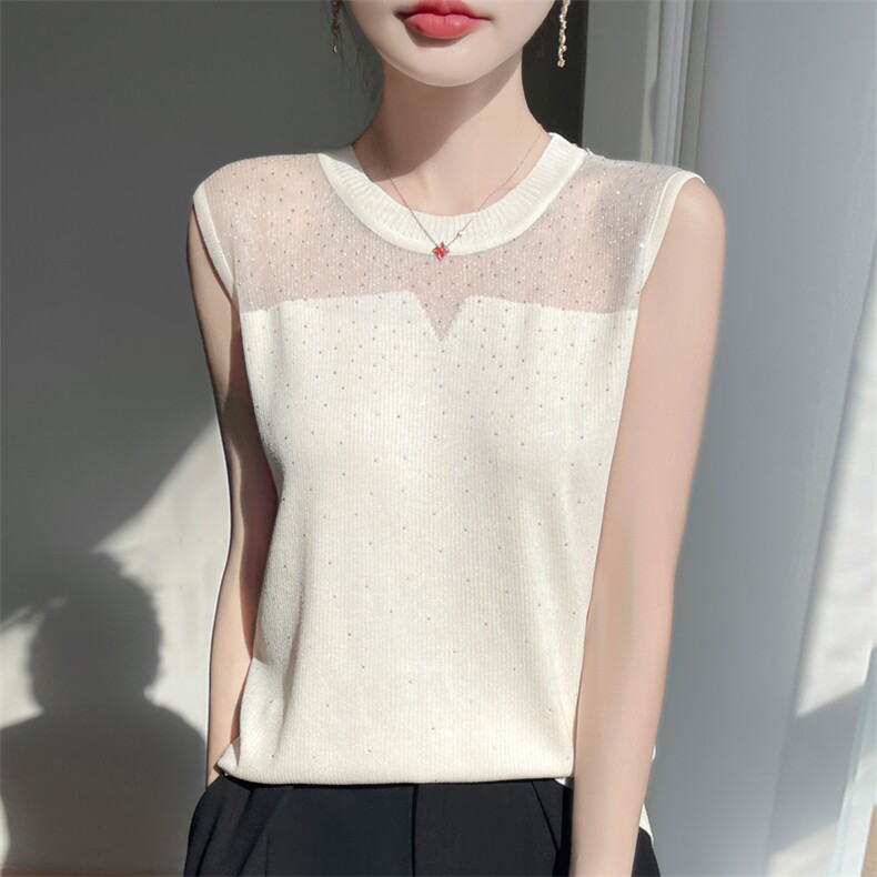 时尚烫钻春夏新款可外穿针织背心打底衫圆领冰丝吊顶无袖t恤上衣，女装背心吊带，源达羊绒