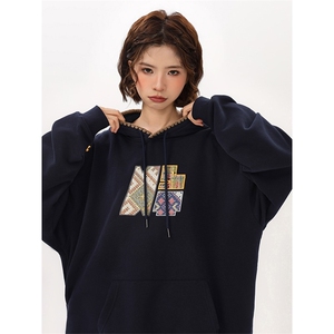 美式藏蓝色字母刺绣带帽连帽卫衣女秋季秋冬宽松潮牌运动重磅帽衫图片