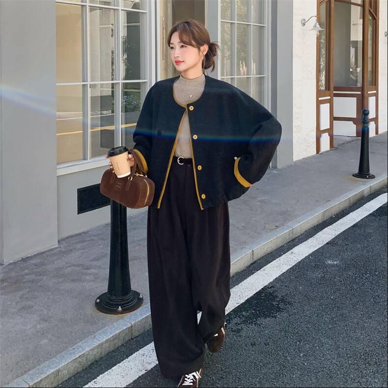 撞色拼接圆领毛呢外套女2025秋冬新款盐甜系宽松百搭小个子呢大衣,女装短外套,2C095