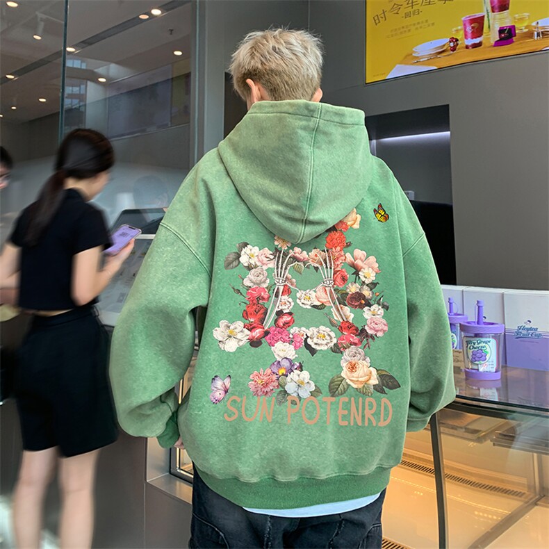 得物抖音高品质二开360克重磅做旧炒雪花纯色连帽水洗卫衣16008,男装卫衣,电商A486