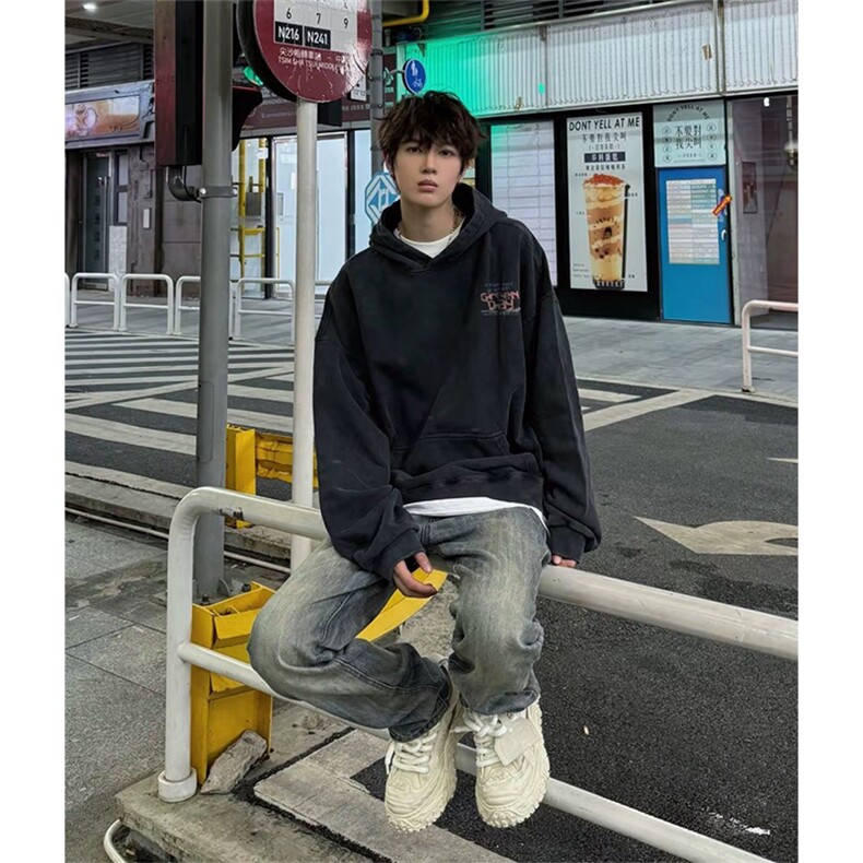 得物抖音高品质360克重磅做旧炒雪花印花连帽水洗卫衣ASL1601,男装卫衣,电商A443