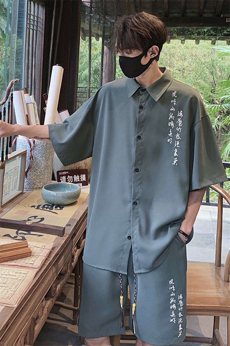 特批P56无差价夏季新中式冰丝文字刺绣五分套装男CD2278+DK2178,男装休闲套装,电商A001-1