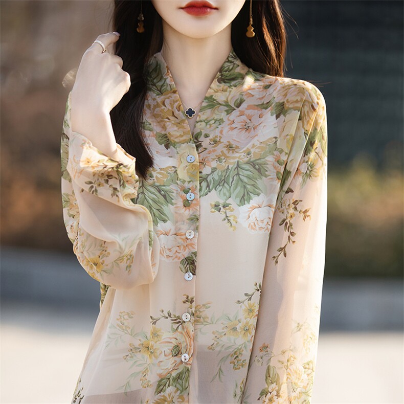 2024秋季新款长袖印花乔其纱单排扣开衫，女装蕾丝衫/雪纺衫，恩尚羊绒