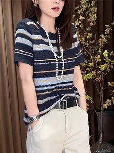 2025百搭时尚合纸纱复古条纹短袖,女装针织衫/毛衣,晨旭羊绒