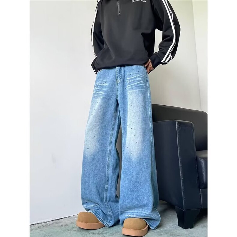 水洗蓝泼墨牛仔裤美式高街baggy宽松阔腿做旧直筒长裤子,男装牛仔裤,星座410-6（原星座1304-1）