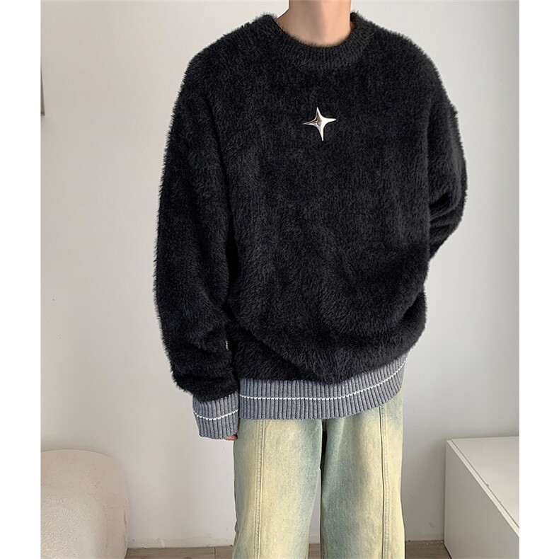 小众防貂毛毛衣拼色宽松金属设计针织衫男简约高级上衣潮T907-P80图片