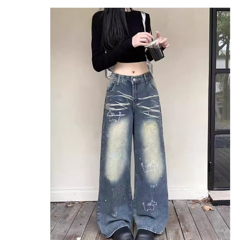 牛仔美式复古新款水洗牛仔裤女高腰显瘦直筒拖地裤长裤,男装牛仔裤,星座1210-1