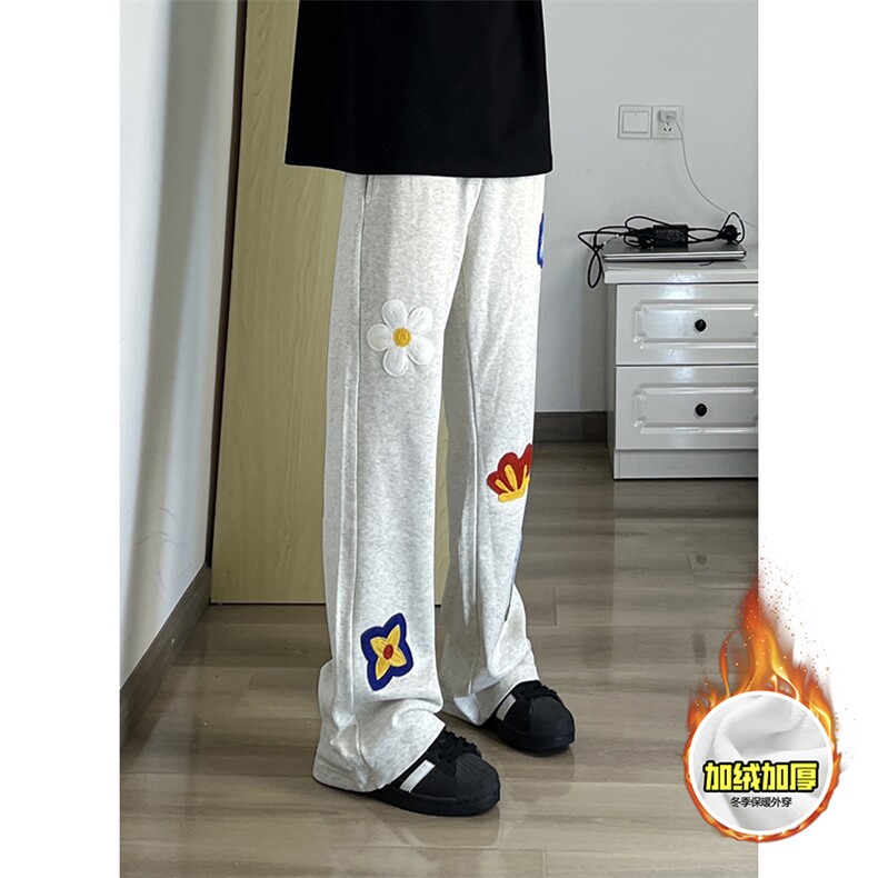 抖音得物高品质秋冬季重磅花卉刺绣潮流运动宽松加绒直筒休闲卫裤，男装休闲裤，电商A486-1