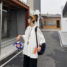 现货情侣中性风短袖T恤潮牌小清新宽松版型字母印花T，男装T恤，电商A102B