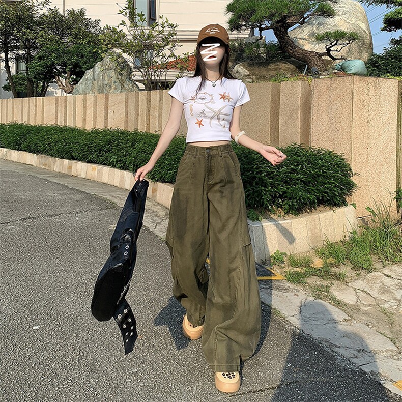 美式复古扎染褶皱弯刀工装裤男女宽松阔腿cleanfit裤YD9020-P70图片
