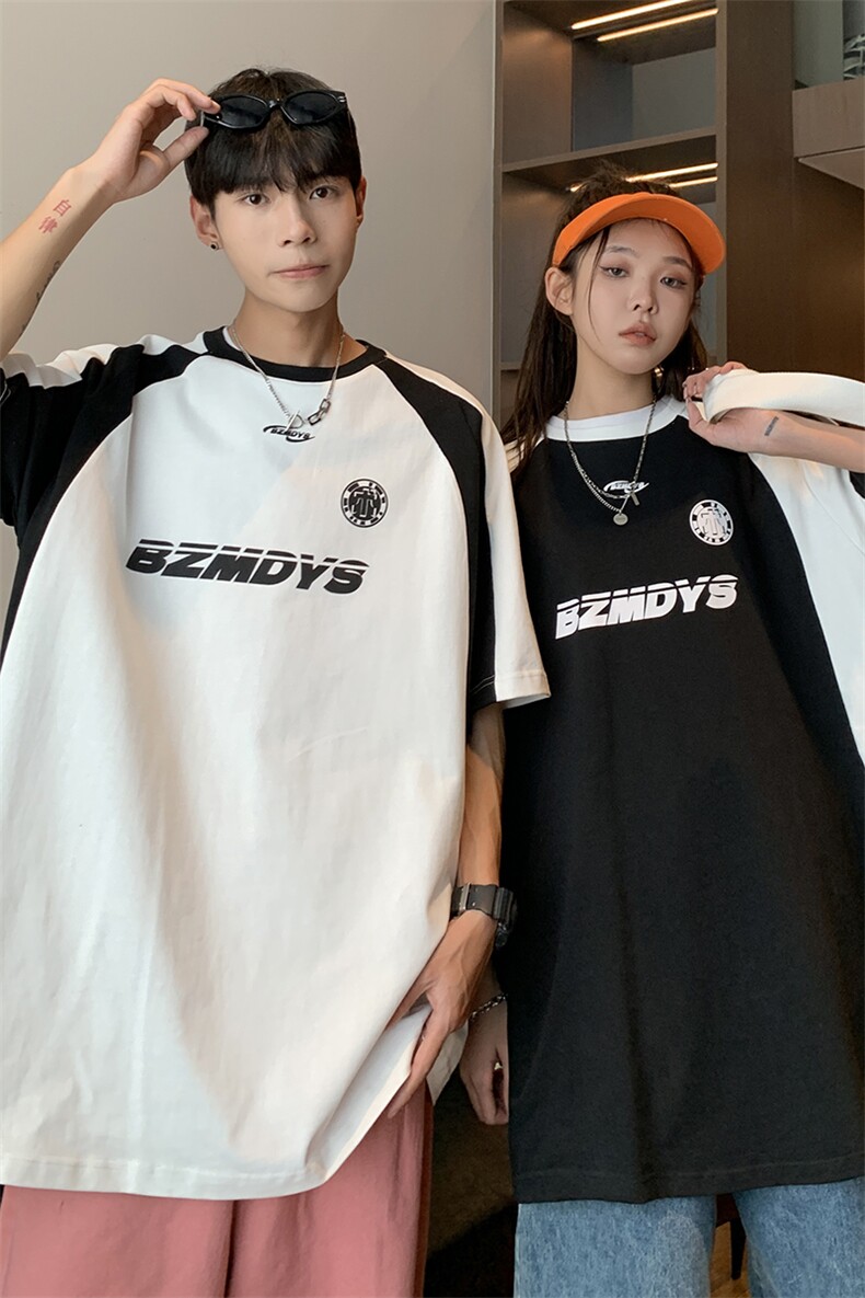 港风夏装潮插肩袖撞色赛车服情侣短袖T恤印花上衣男G1056P38,男装T恤,电商A339