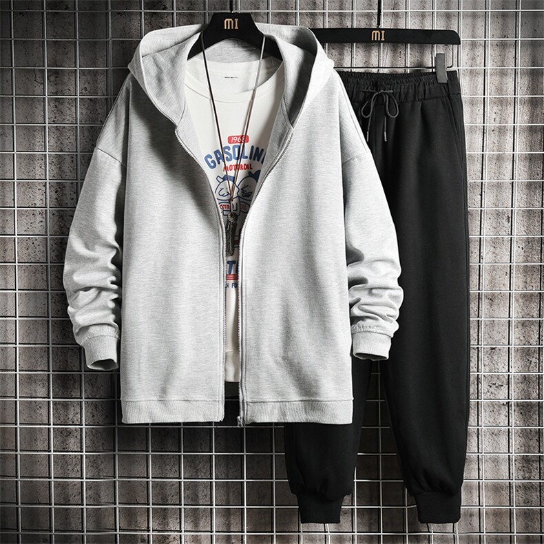 TK6099-P85开衫连帽卫衣套装男运动套装两件套网格挂拍,男装休闲套装,电商A040A
