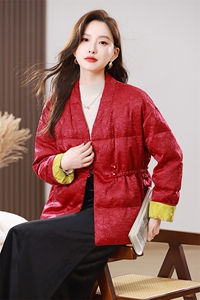 2025冬装新款90白鸭绒新中式盘扣V领羽绒服外套图片