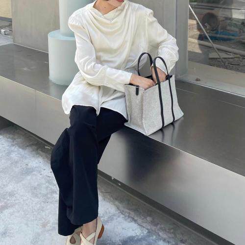 褶皱荡领系带长袖衬衫，女装衬衫，Vase