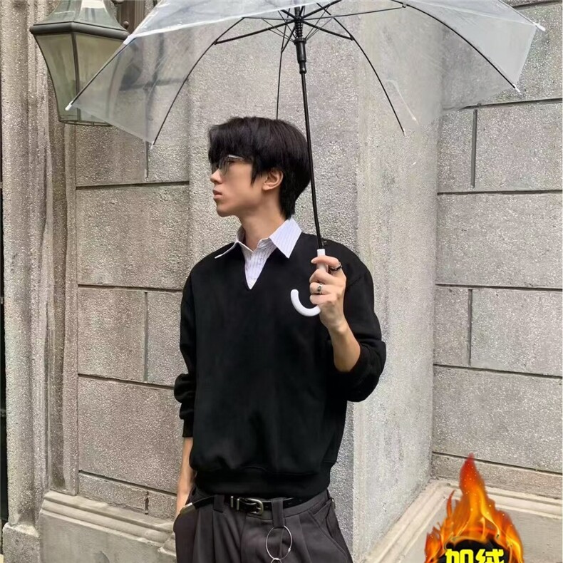 春秋韩版时髦复古慵懒风假两件叠穿衬衫领加绒卫衣男士宽松版外套,男装衬衫,星座506A