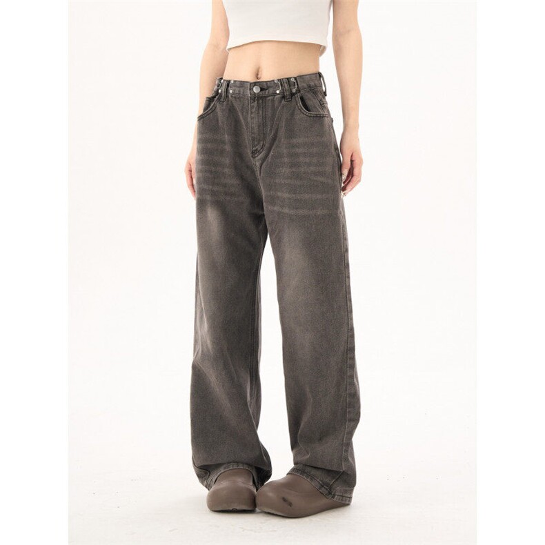 7039-P47美式收腰双扣牛仔裤女高腰简约显瘦直筒垂感破洞裤，女装牛仔裤，电商A306A