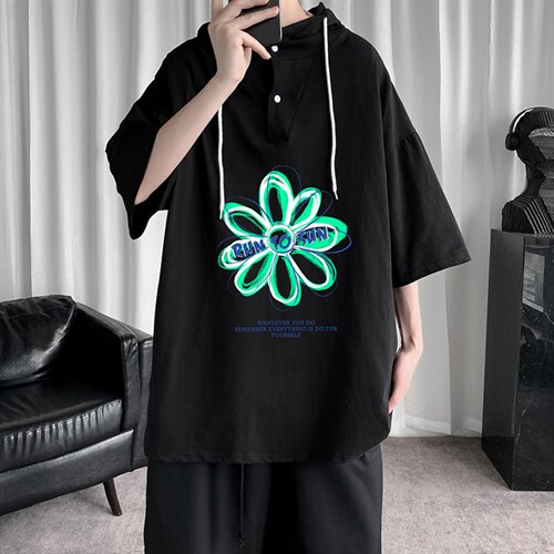 LD54170-P45连帽短袖t恤男大码胖子带帽五分袖中袖,男装T恤,电商A040