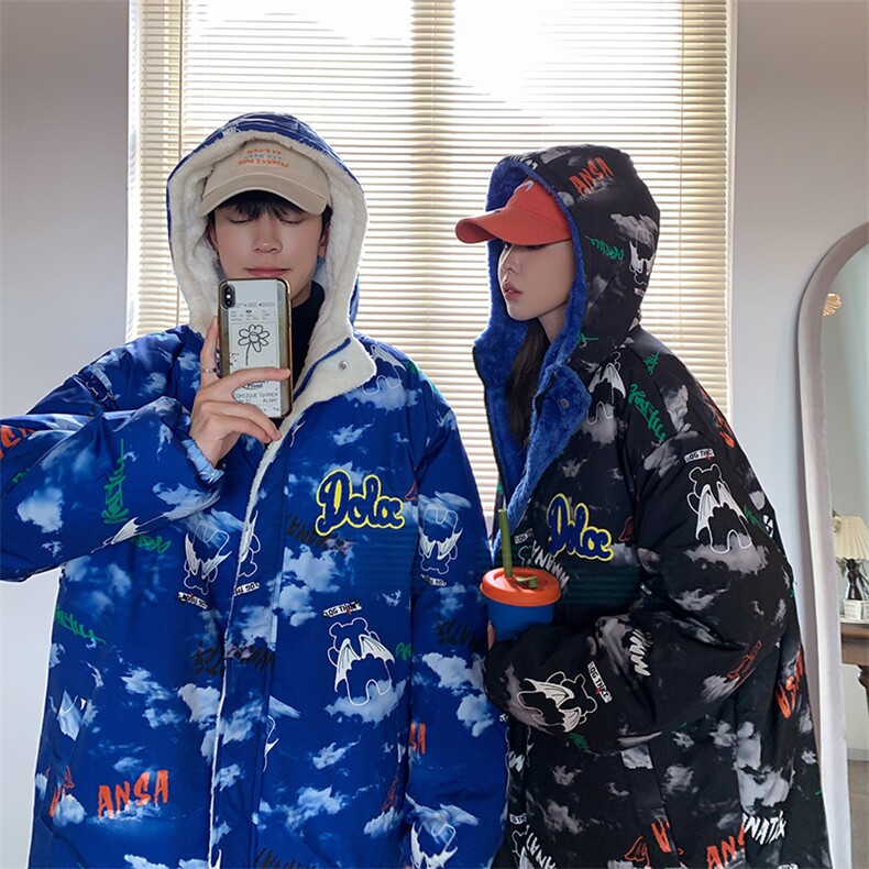 2023情侣两面穿印花棉衣男连帽棉服加绒棉袄外套女3320-P100控148,男装棉衣,星座207