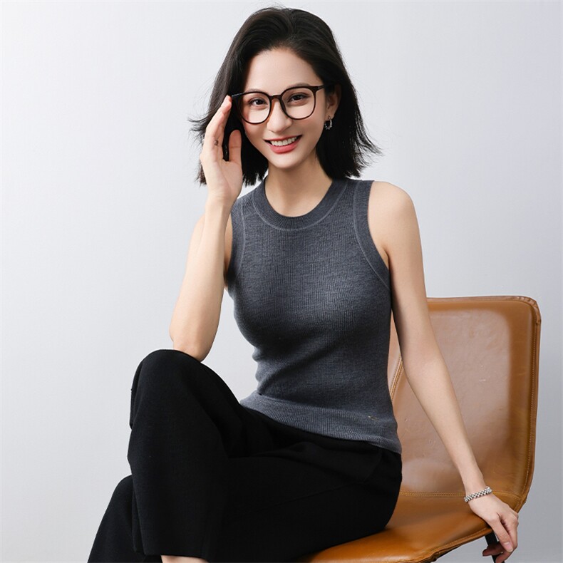 圆领新款针织背心女无袖纯色背心简约百搭宽松套头上衣女,针织衫/毛衣,清联羊绒