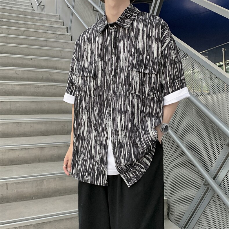 个性条纹短袖衬衫男夏季新款ins潮牌五分袖休闲衬衣外套W944-P30,男装衬衫,星座512-2