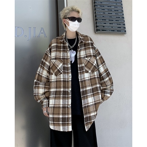 A883-P52 美式潮牌复古衬衣工装外套春秋季小香风长袖格子衬衫男图片