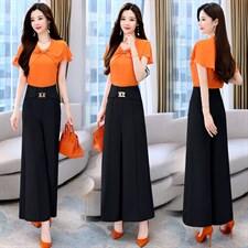 2023年夏季时尚潮流荷叶边拼接上衣+休闲阔腿裤两件套，女装套装/套裙，时尚俏佳人