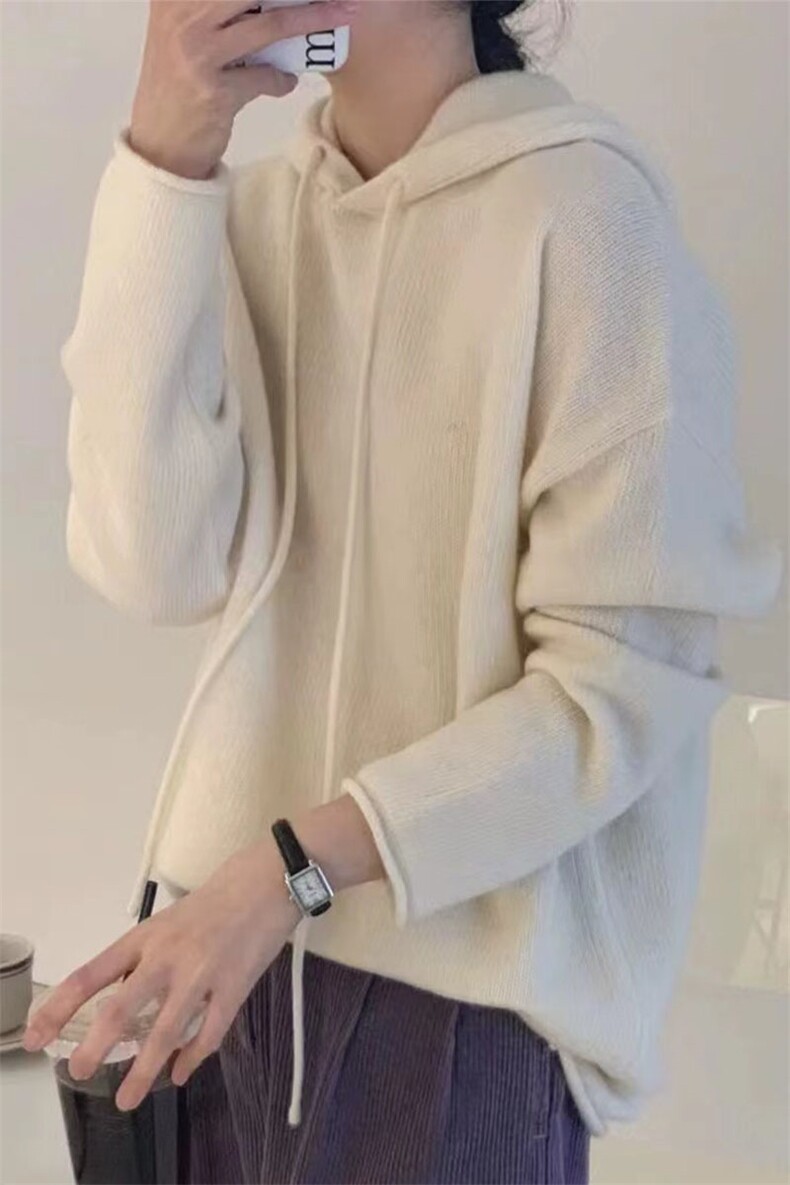 连帽纯色长袖时尚气质简约百搭套头显瘦针织衫,针织衫/毛衣,萱芳婷羊绒