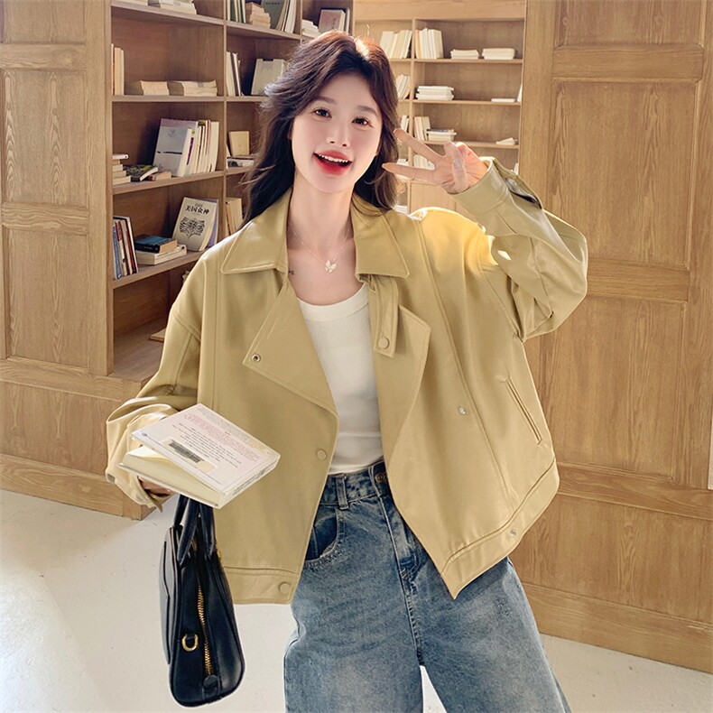 2025年春季新款黄色皮衣外套女百搭港风复古小个子机车服夹克上衣图片