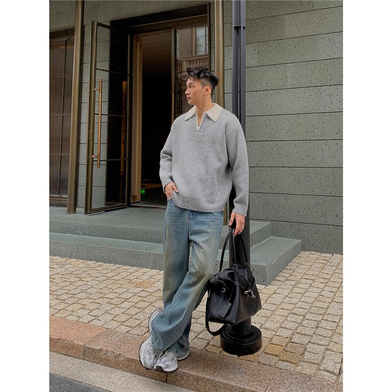 美式假两件秋冬撞色翻领Polo毛衣男复古宽松针织衫,男装针织衫/毛衣,四季星座505
