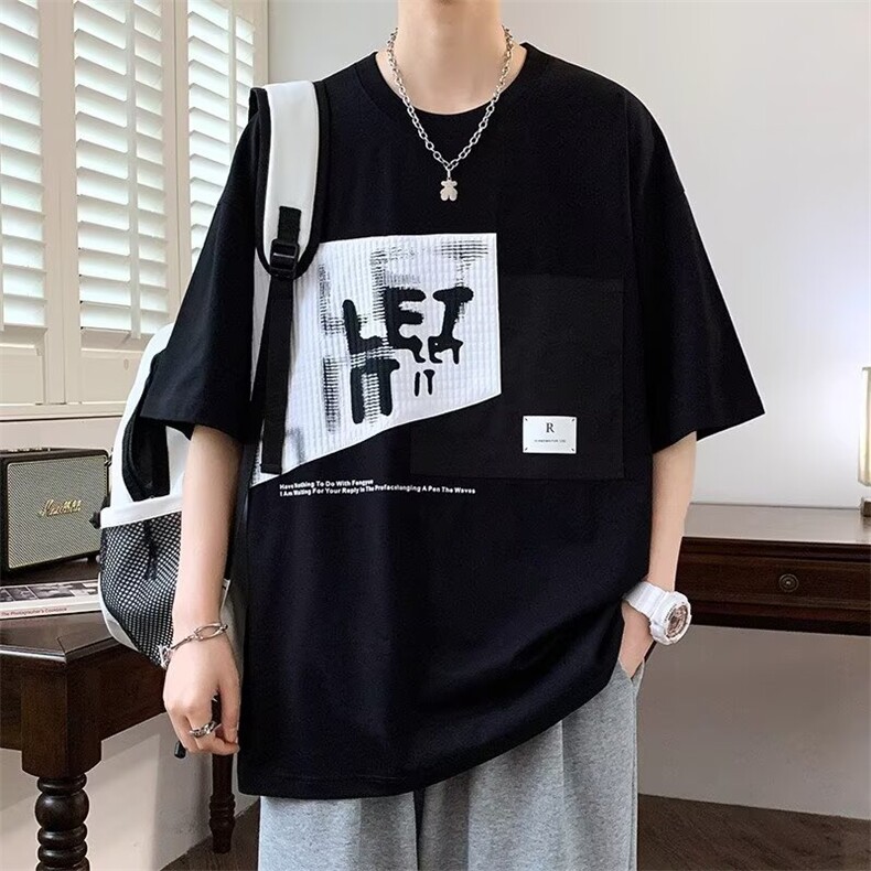 撞色拼接休闲宽松短袖T恤男士夏季潮牌潮流上衣服五分半袖体恤衫,男装T恤,星座1210-1