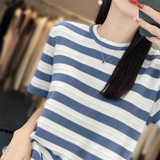 撞色条纹100%纯棉T恤女薄款圆领短袖夏季新款宽松慵懒风半袖打底，女装针织衫/毛衣，郡淞羊绒