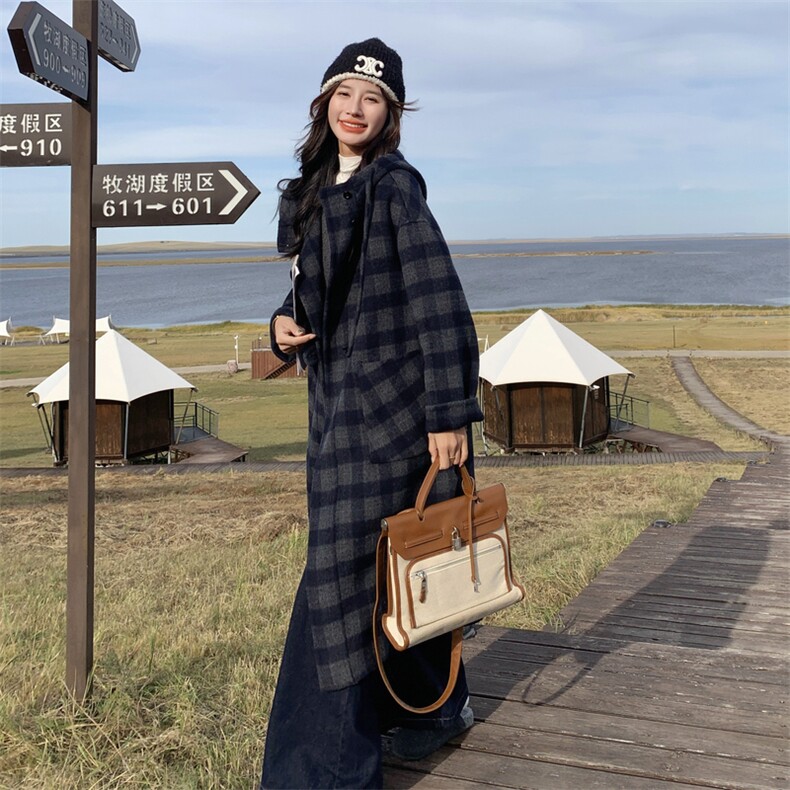 深蓝色复古格纹双面呢连帽大衣女2025秋学院风宽松休闲中长款外套,女装双面呢大衣,曼娅璐