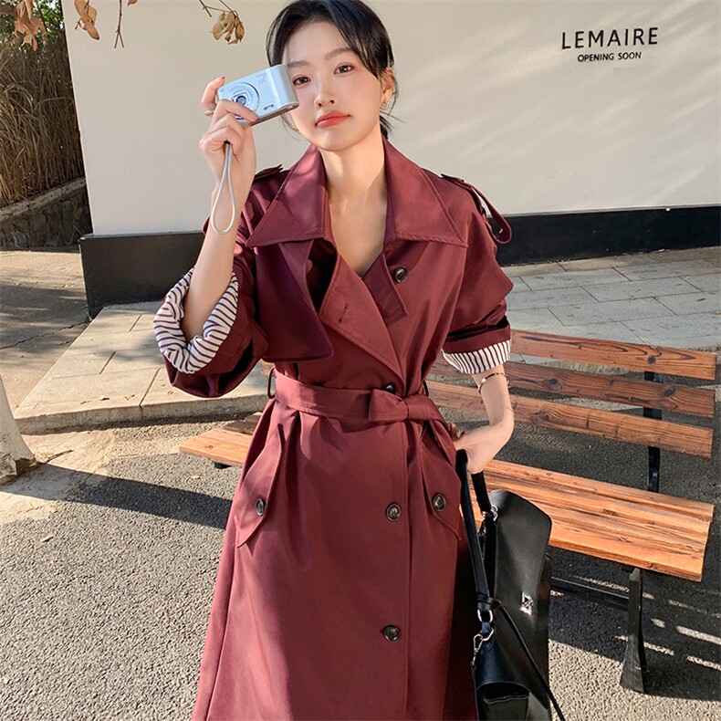 高级小众韩系英伦风红色风衣外套女春秋季超火好看宽松中长款大衣,女装风衣,2C088