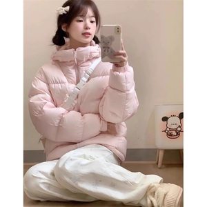 冬季粉色连帽羽绒棉服女短款甜美学院风面包服加厚外套 M210图片