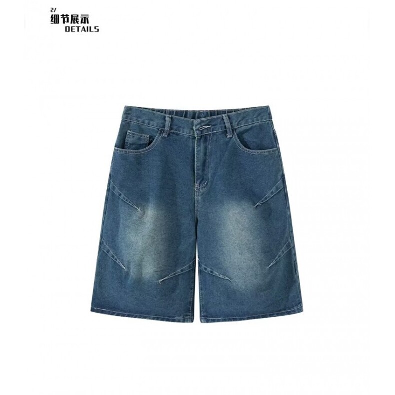 牛仔短裤男款夏季小众设计感宽松阔腿裤子复古高街水洗休闲五分裤图片