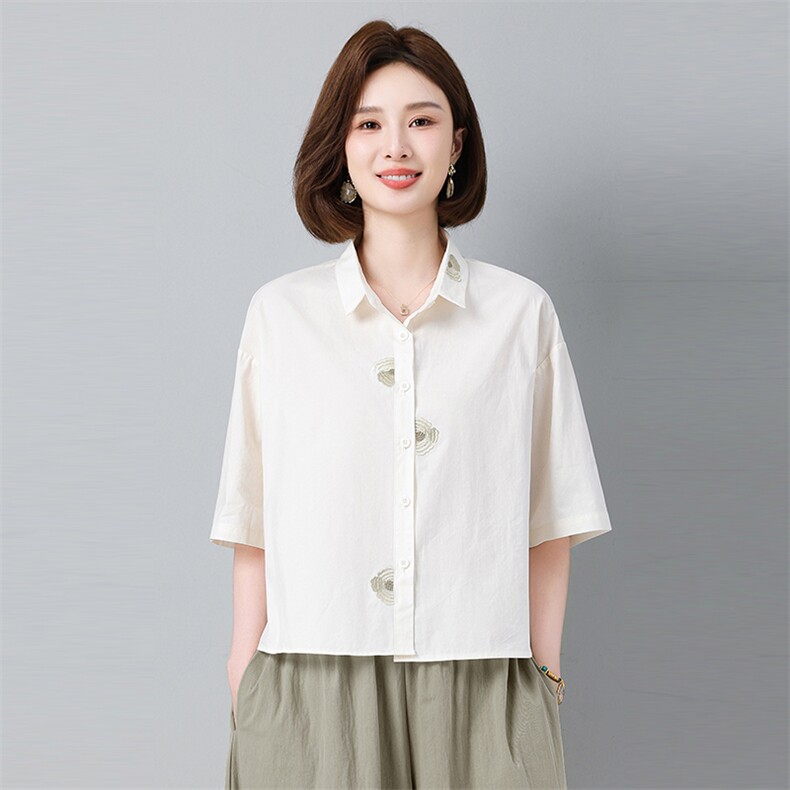 2025年夏季新款百搭薄款宽松休闲短袖衬衫女刺绣翻领休闲纯色上衣,女装衬衫,秋牧寒烟