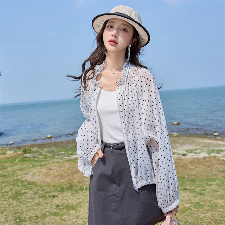 2025年夏季新款韩版圆领花边抽绳时尚波点防晒外套轻薄舒适,女装短外套,1C080