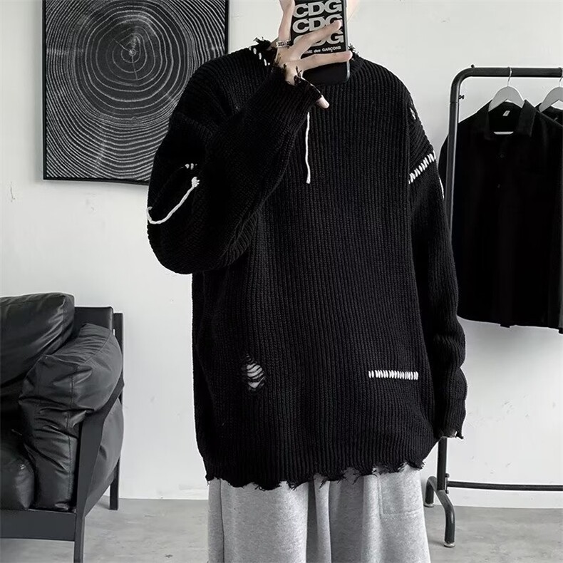 美式圆领破烂设计毛衣男慵懒风休闲针织衫GM93P40,男装针织衫/毛衣,星座1116-2