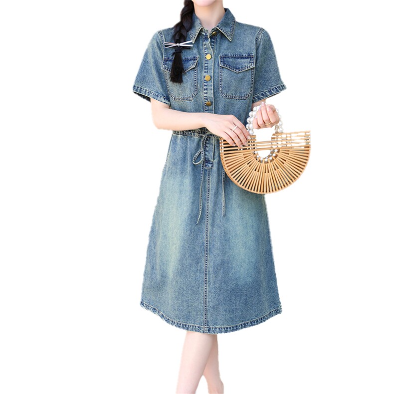 现货跑量收腰牛仔连衣裙女2024年夏季小个子高腰a字长裙子潮,女装连衣裙,江南女神
