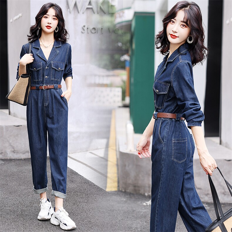 欧洲站工装牛仔连体裤女春秋别致高级感气质连衣裤女神范高腰显瘦，女装连体裤，天丽