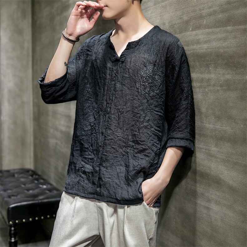 606P30室内风2024春夏装新款百搭时尚V领盘扣仿亚麻七分袖T恤,男装T恤,电商A026